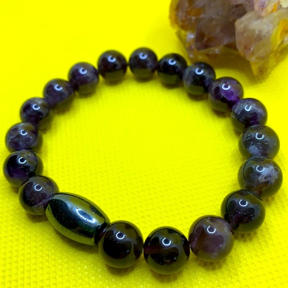 Amethyst Semiprecious Stone and Hematite Handmade Stretch Bracelet ~ 7” ~ NWOT - Picture 4 of 7